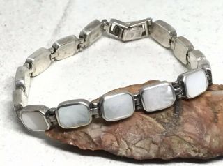 Vintage Sterling Silver Mother Of Pearl Inlay 7.  25” Link Bracelet (18.  8g)