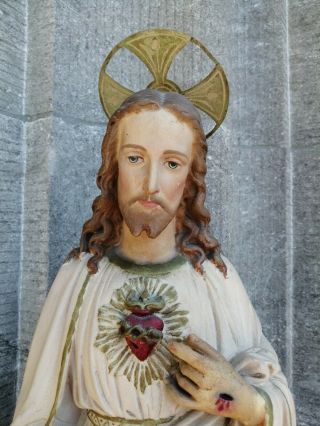 Rare Big Antique Handpainted Plaster Jesus Christ Sacred Hearth Monastery Statue