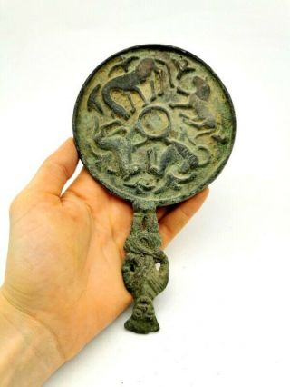 Roman Ca.  200 Ad Bronze Decorated Mirror With Open - Work Handle - R 967
