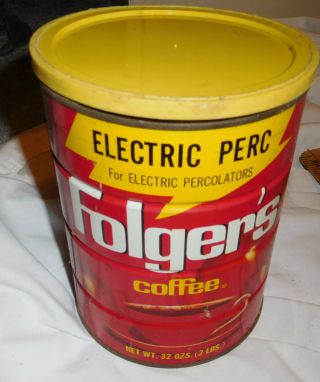 vintage Folger ' s Electric Perc Coffee Tin Can with lid EMPTY 32 oz size 2