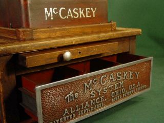 ANTIQUE 1920s McCASKEY CASH REGISTER BRASS DRAWER SOLID OAK BASE 2