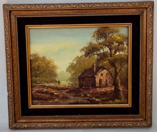 Vintage Oil On Canvas Old Barn Woodland Scene Painting Signed 14 " X 12 "