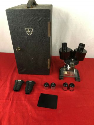 American Optical Ao Spencer Vintage Microscope W/ Wood Case & Key 289178