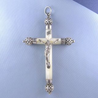 Fine Sterling Silver Mother Of Pearl Cross / Antique Crucifix Pendant