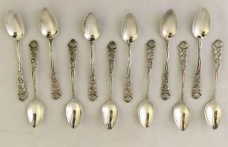 Twelve 800/1000 Silver Rose Pattern Demitasse Spoons 4” Vg 136 Grams