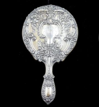 Antique Gorham Sterling Silver Buttercup Repousse Hand Mirror Monogramed Sce