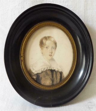 Antique 19th Century Painted Portrait Miniature Of A Young Man In Frame