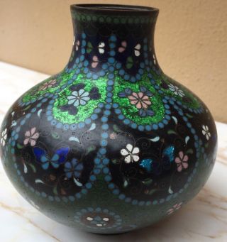 Antique Japanese Cloisonne Vase - With Foil; Unique Shape; 4 " Diameter,  4.  5 " Tall