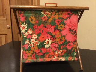 Vintage Midcentury Canvas Floral Sewing Knitting Basket Stand Carrier Wood Frame