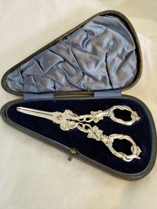 Rare Antique Englishd Sterling Silver? Grape Scissors In Velvet Case,  Lovely