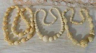 Set Of 3 Vintage Antique Hand Carved Beaded Necklaces Unique Natural Beads
