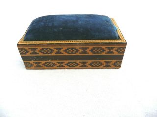 Antique Victorian Tunbridge Ware Sewing Pin Cushion Box Sliding Lid Sewing Tool