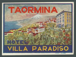 Hotel Villa Paradiso Taormina Sicily Italy - Vintage Luggage Label
