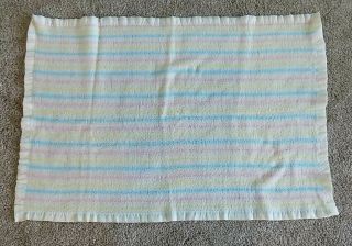 Vtg Baby Blanket Open Weave Waffle Acrylic Pastel Stripe Satin Bindiing Wpl 1675