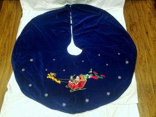 Vintage Disney Blue Velvet Christmas Tree Skirt Santa Mickey Pluto Goofy Donald