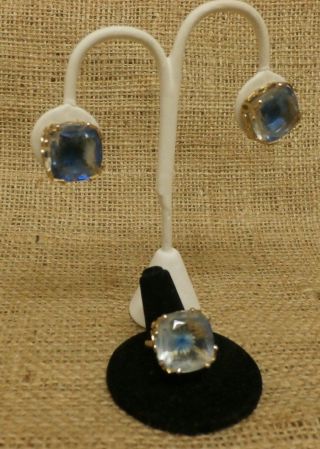 Vintage Emmons Clip - On Earrings & Adjustable Ring Set Ice Blue Starburst Square 2