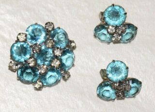 Vintage Signed " Kramer Of York " Blue Rhinestone Brooch & Earrings Set