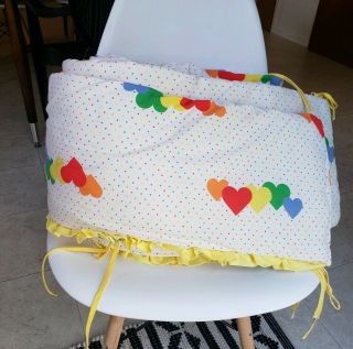 Vintage Crib Bumper Pad With Ties Rainbow Yellow Heart Pattern