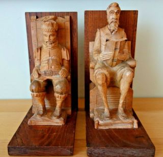 Vintage Hand Carved Wood Bookends Two " Old Man Sitting In Chair "