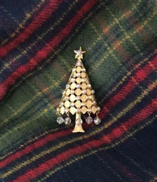 Vintage Mylu Christmas Tree Pin Aurora Borealis Dangles