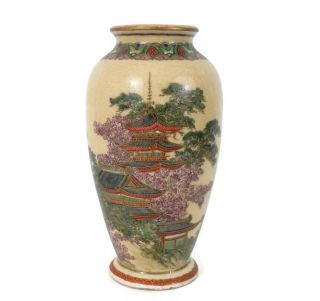 Japanese Satsuma Earthenware Pottery Vase W/enameled Pagoda And Garden Scene