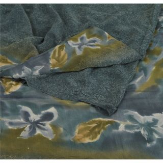 Sanskriti Vintage Blue Saree Pure Crepe Silk Printed Soft Fabric 5yd Craft Sari