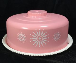 Vintage 1950s Pink White Sunburst Plastic Cake Keeper Holder Stand Cover