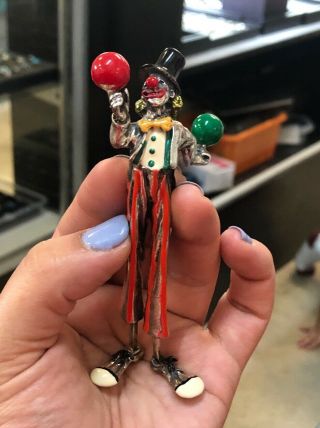 Vintage Sorini Sterling Silver Enamel Clown With Balloons Figurine