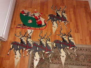 Vintage Santa Claus Sleigh And Reindeers Christmas Yard Decor 15 " Long