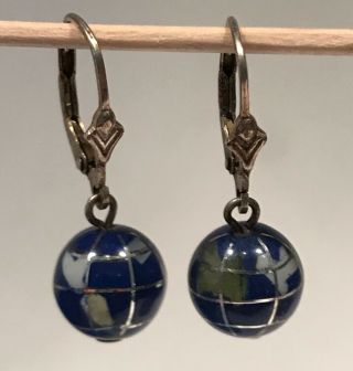 Vintage Lapis Stone Globe Earth Dangle Earrings 925 Gsj Sterling Silver - Inlays