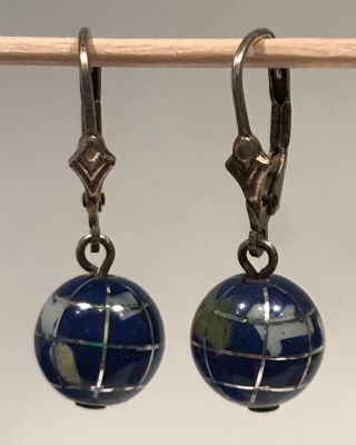 Vintage Lapis Stone Globe Earth Dangle Earrings 925 GSJ Sterling Silver - Inlays 2