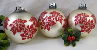 Vintage Christmas Ornament Mercury Glass Set Of 3 White Red Glittered Flower