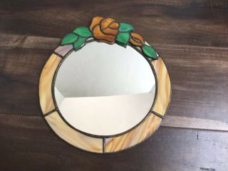 Vtg Leaded Stained Glass Rose Bordered Mirror