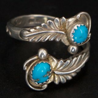 Vtg Sterling Silver - Navajo Signed Turquoise Feather Bypass Ring Size 10 - 5g