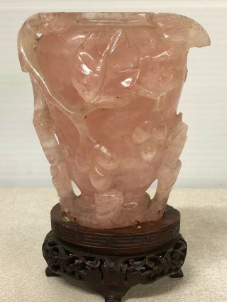 Antique Chinese Carved Rose Quartz Vase With Wood Stand,  Hand Carved