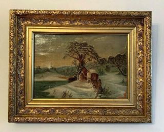 Antique Oil Painting In Orname Frame Country River Winter 18.  5 " X 14.  5 " With 3 "