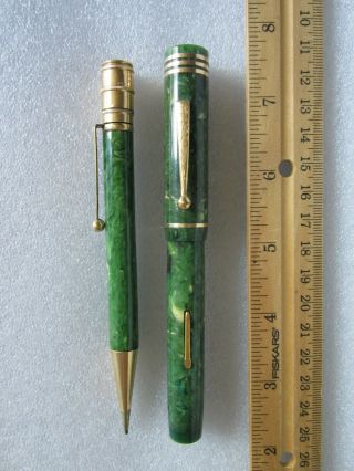 Antique National Gold Medal Jade Green Gold Filled Fountain Pen & Pencil Set