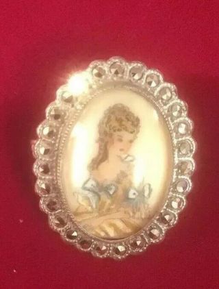 Fabulous Sterling Silver Hand Painted Marcasite Brooch.  Vintage Thomas L Mott