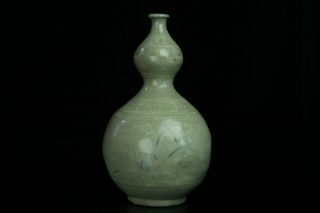 Oct007 Korean Goryeo Celadon Porcelain Gourd Type Bottle White Crane Inlay