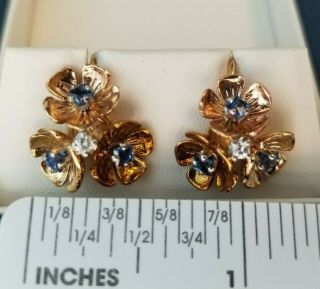 Vintage 14k Gold Earrings With Diamonds & Sapphire In