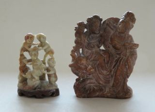 2 Old Chinese Soapstone Carvings,  Figures & Deer Or Ox - - Monkey Pile