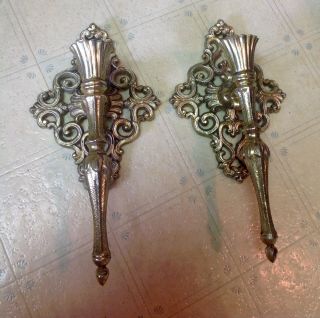 Vintage Brass Hollywood Regency Wall Sconces Pair Candle Holder Set Wow