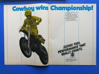 Vintage 1980 Suzuki Kent Howerton 250cc Motocross Champion Two Page Ad
