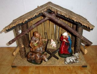 Vintage 1940s German Nativity Set W/ Wood & Reed Stable