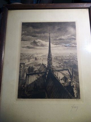 1800s Antique French Signed Drypoint Etching - Paris Notre Dame By Adolphe Yvon