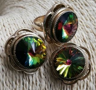 Vintage Ring And Clip Earrings Rivoli Crystal Rhinestones Signed Whiting & Davis