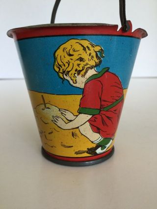 Vintage Small Tin Litho Sand Pail Children Playing On The Beach,  Made In Italy