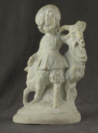 Vintage Early Chalkware Bisque Boy Shepherd & Male Billy Goat Figurine 8.  75 "