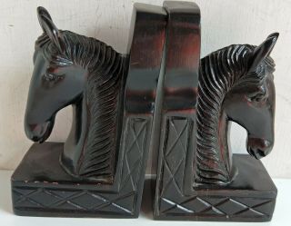 Vintage Heavy Carved Wood Horse Head Bookends Signed Xiv (9810)