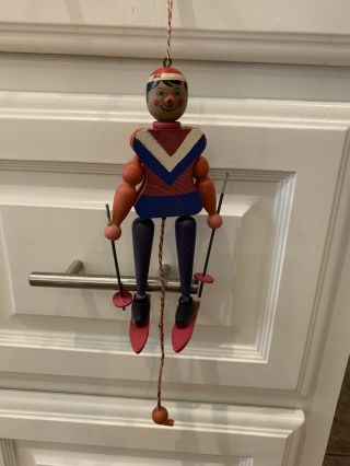 Vintage Skier Wooden Pull String Figure Puppet Toy Made In Austria